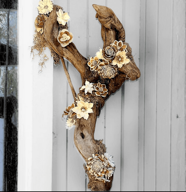 Decorative artwork composed with natural pieces of driftwood
