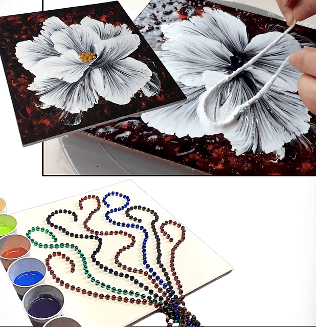Abstract fluid painting with colorful flowing acrylic patterns