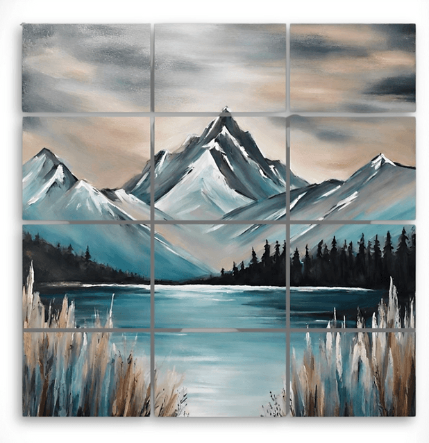 Multiple painted canvases assembled into one collaborative image