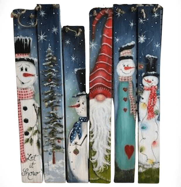 Decorative artwork painted on a curved wooden wine stave